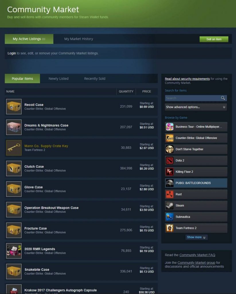 Интерфейс Steam Community Market с высокими ценами