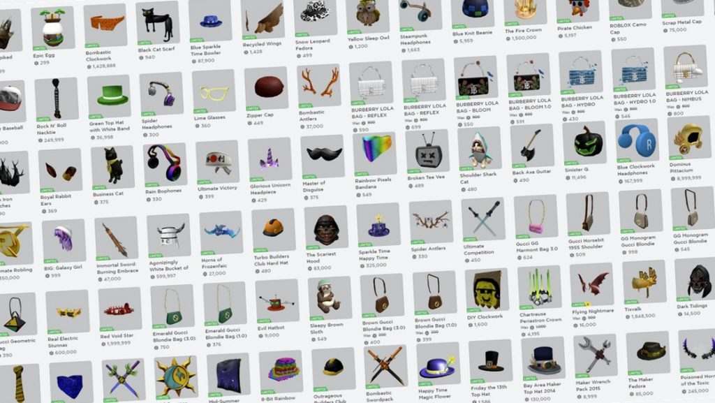 Интерфейс торговли в Roblox с примерами Limited предметов